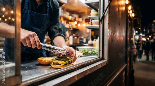 Chef preparing a gourmet burger at a food truck at night with city lights in the background