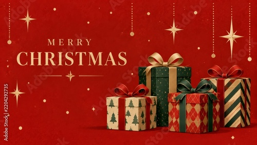 Christmas Gift Boxes and Decorations on Red Background for Holiday Celebration