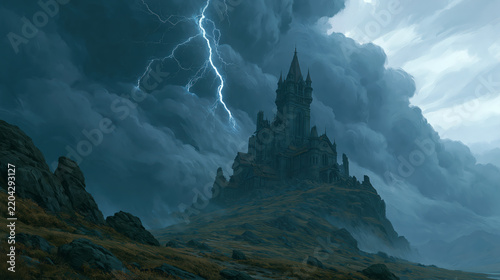 Dark stormy sky over ancient mysterious castle on rocky hill with lightning