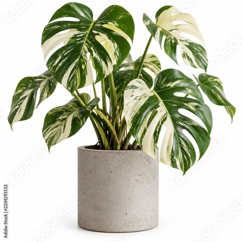 Monstera Plant With White Variegation Placed in a Gray Planter