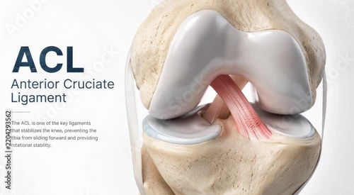 Medical 3D illustration of a human knee highlighting the ACL ligament, surrounding bones and cartilage for anatomy, injury and surgical education