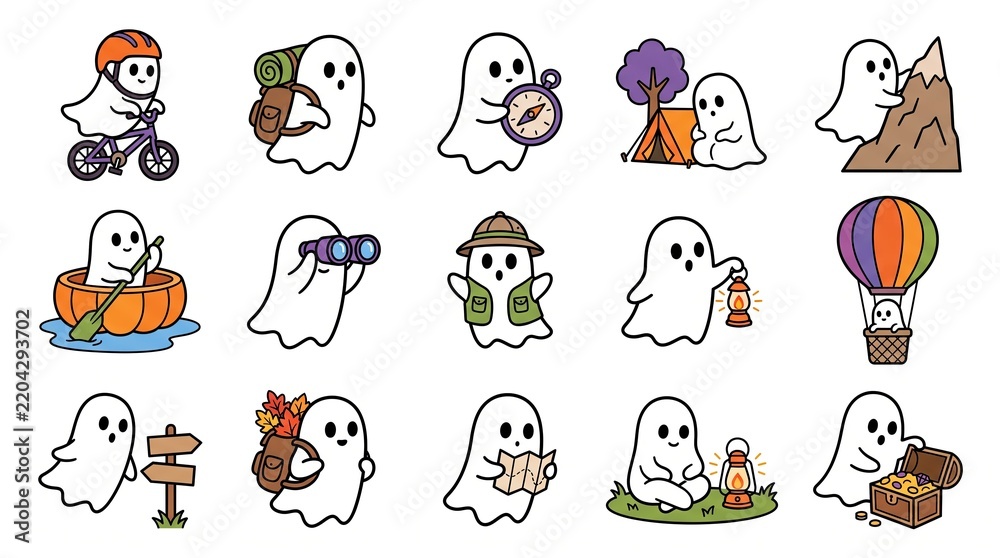 Obraz premium Collection of cute ghost characters doing various autumn and halloween activities
