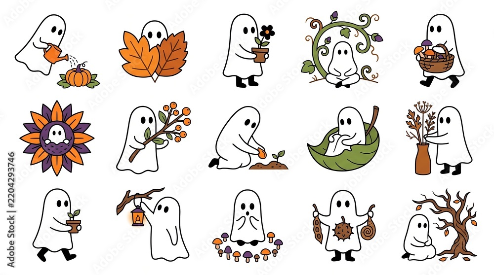 Fototapeta premium Collection of whimsical ghost illustrations with autumnal leaves and floral arrangements