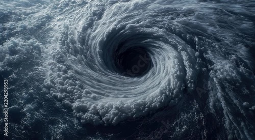 Dramatic dark ocean whirlpool with swirling turbulent water and churning foam, forming a deep vortex drawing the sea into an abyss
