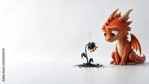 Small orange dragon looks at a scorched wilted flower. Space for text.