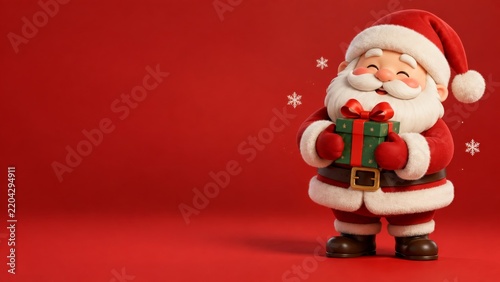 Santa Claus Holds a Gift in Front of a Red Background During the Holiday Season