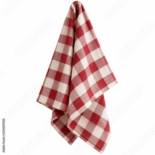 Red and White Checkered Tablecloth Hanging in a Kitchen Setting