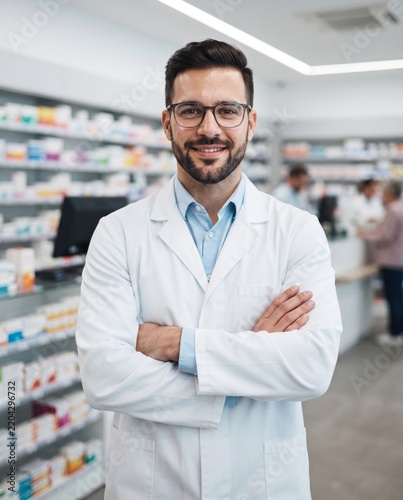 A man in a white lab coat stands in a modern pharmacy with arms crossed, smiling at the camera while surrounded by shelves of various medical products, during daytime.