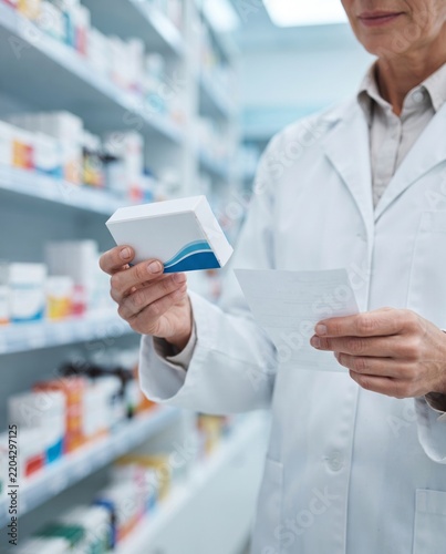 A man in a white lab coat stands in a pharmacy holding a box of medication in one hand and a printed prescription in the other while surrounded by shelves of various drugs.