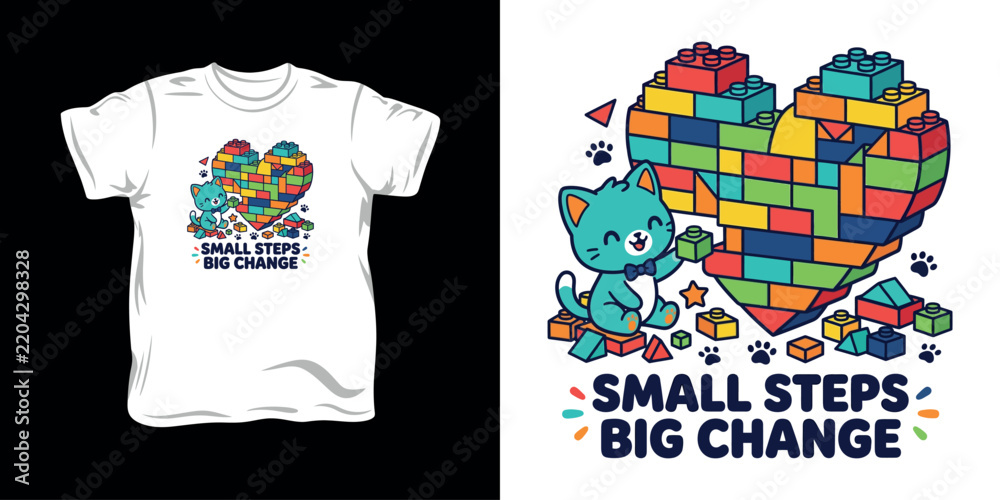 Obraz premium Small steps big change cute cat with colorful building blocks heart design for t-shirt print, vector graphic.