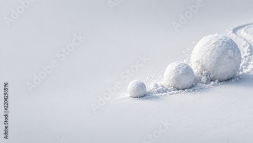 Three snowballs sit along a curved track in snow. Space for text.