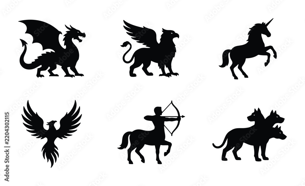 Obraz premium Mythical Creatures Silhouette Collection: Dragon, Griffin, Unicorn, Phoenix, Centaur, Cerberus