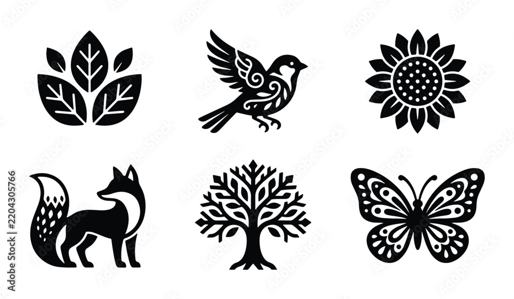 Obraz premium Elegant Black Vector Icons: Nature, Animals, Plants, and Flowers Set for Design