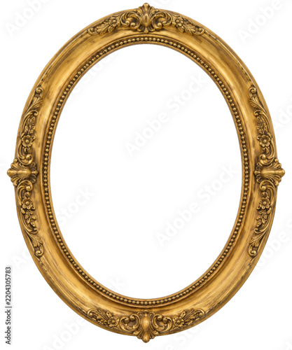 An elegant oval gold picture frame with intricate vintage floral carvings and beaded detailing