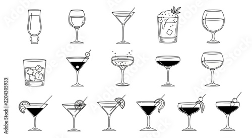 Minimalist line art collection featuring various cocktail glass icons including martini, margarita, and whiskey tumblers for bar and menu designs