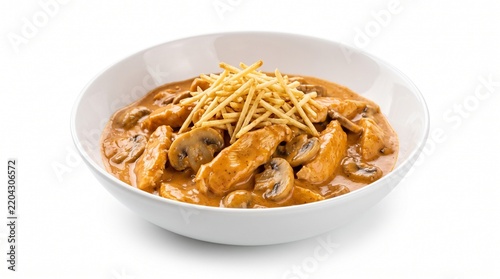 Delicious Stroganoff with Chicken and Mushrooms served in a white bowl topped with crispy potato sticks