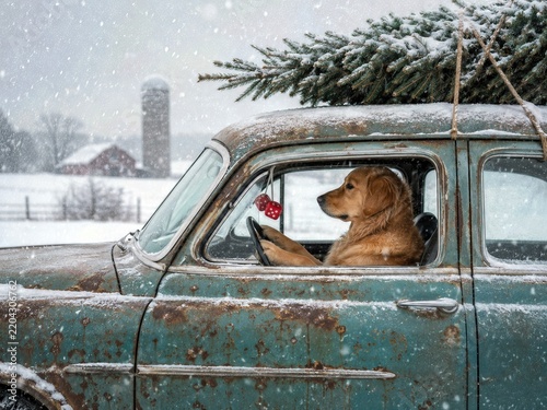 A dog sits in the driver's seat of a vintage car topped with a Christmas tree, surrounded by gently falling snow in a picturesque rural landscape