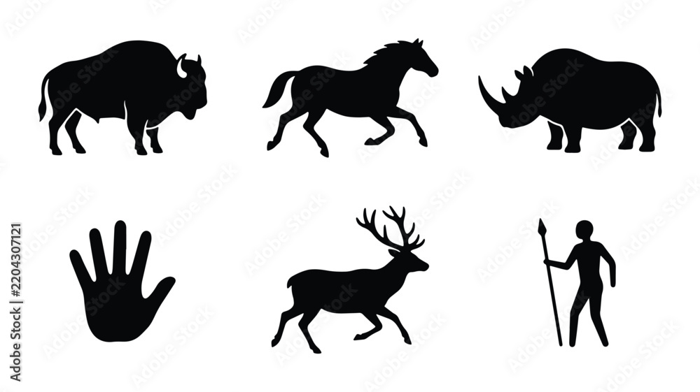 Obraz premium Caveman Icons, Ancient Animals, and Primitive Human Silhouette Vector Set
