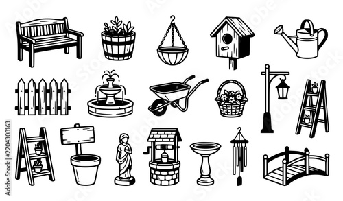 Rustic Garden Decoration Vector Icons with Planters Birdhouses Benches Fences and Outdoor Ornaments