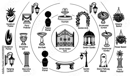 Elegant Black and White Garden Ornament Vector Icons with Fountains Gates Planters and Lanterns