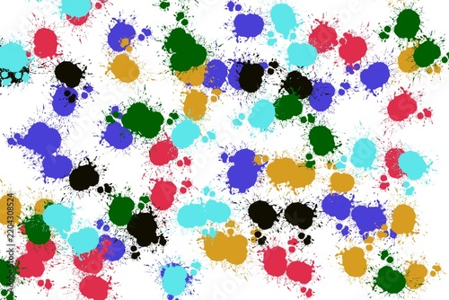 Colorful paint splashes and ink drops on white background abstract pattern