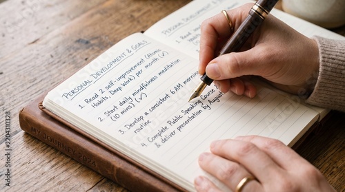 Writing down personal development and goals in a notebook. A hand holding a pen is writing a list of objectives.