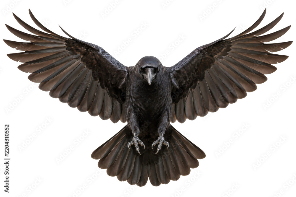 Fototapeta premium A majestic black raven in flight with wings fully spread isolated on a clean white background