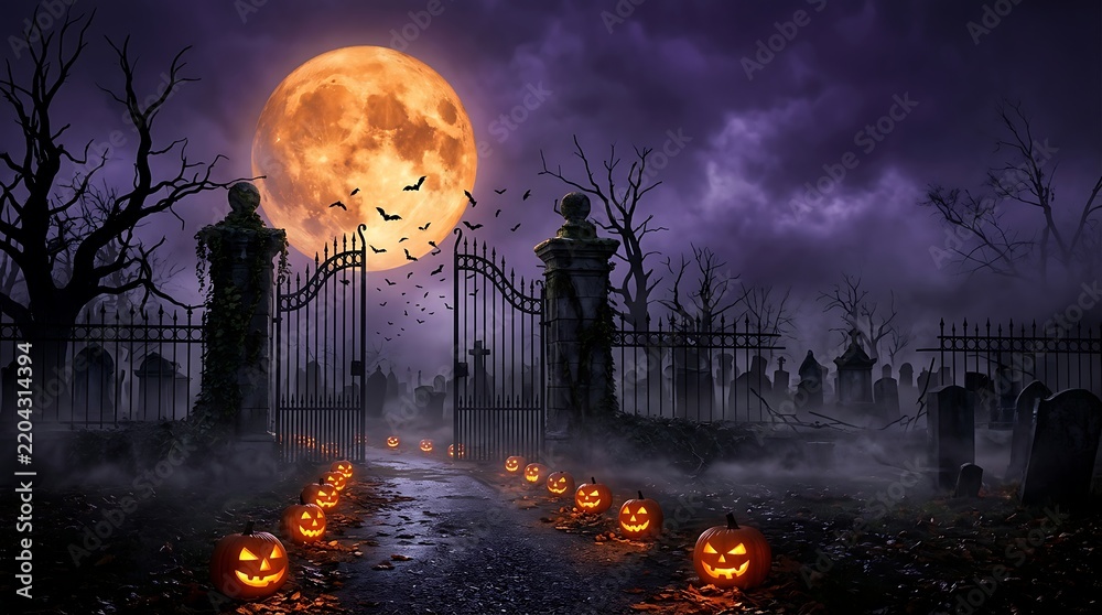 Obraz premium Glowing jack o lanterns line a spooky graveyard path beneath a massive harvest moon while bats fly through purple evening clouds during autumn