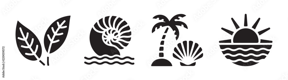 Fototapeta premium Summer vacation icons featuring palm tree seashell leaves and sunset on waves for travel advertising.
