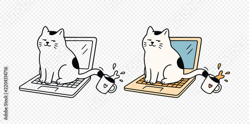 Cat on Laptop Vector Illustration. Cat on Laptop with Tail Knocking Over Coffee Mug. Mischievous Cat on Laptop at Work Desk, Naughty Pet at Computer, Spilled Coffee, Home Office Humor Illustration