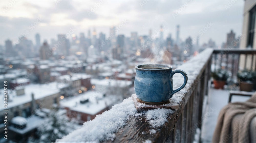Obraz premium Blue mug steaming on snowy balcony overlooking cityscape