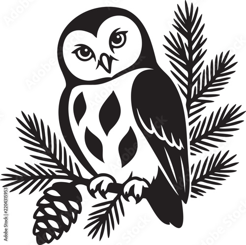 Woodland Owl Perched Among Evergreen Pine Branches and Pine Cone Botanical Illustration