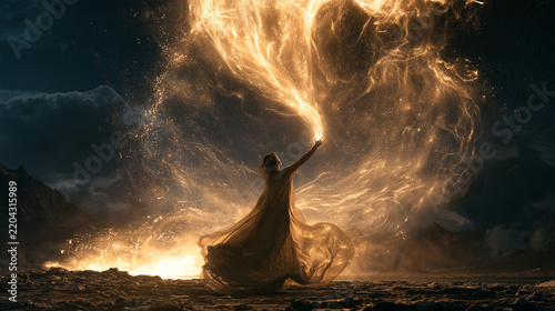Epic fantasy sorceress casting a giant golden spell into the night sky, magical energy illuminating mountains and clouds