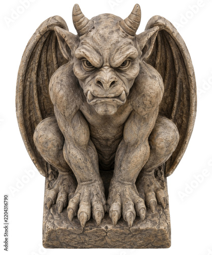Detailed stone gargoyle statue with wings and horns isolated on a clean white background