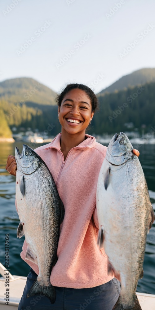 Fototapeta premium Smiling woman holding two big salmon on a boat at a mountain harbor for fishing banner and outdoor lifestyle background