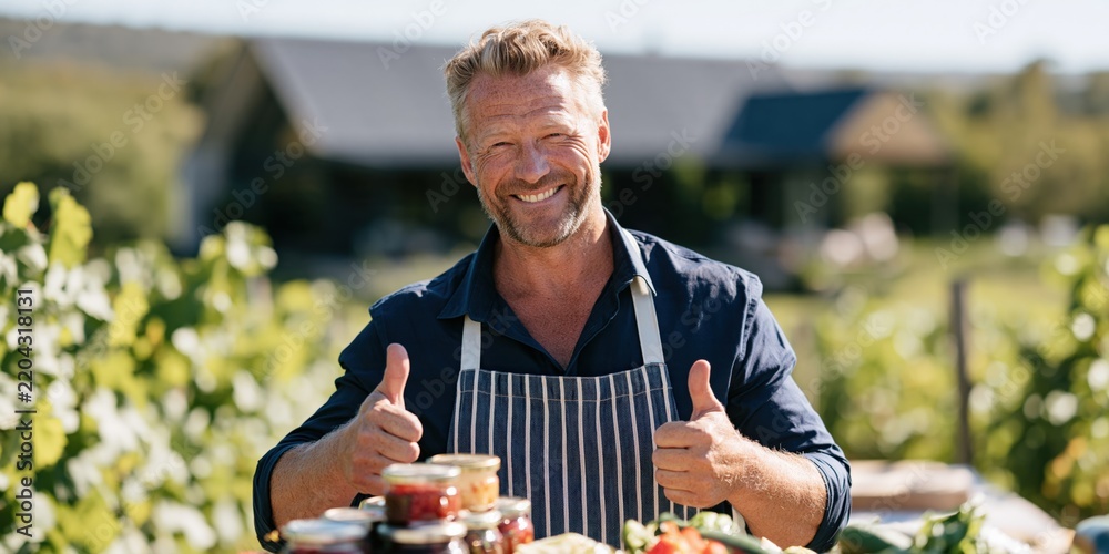 Obraz premium Male vendor smiling with thumbs up and jars of preserves at a vineyard stall for banner and product promotion