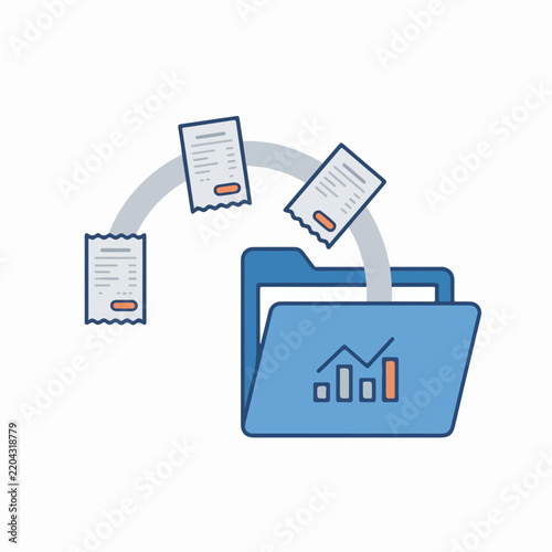 Business expense receipt management concept. Flat design vector illustration of financial accounting. Receipts flying into a folder with chart isolated on white background