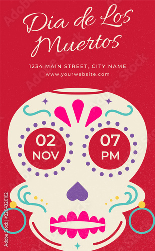Dia de los Muertos party invitation featuring a colorful skull with decorative Mexican elements on a red textured background. Flyer with event date, time, and address details