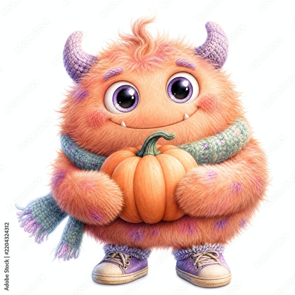 Fototapeta premium Peach Fuzzy Monster Hugging A Small Round Pumpkin