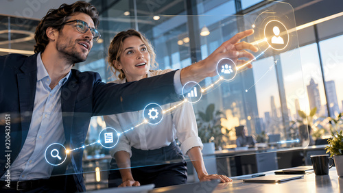 Business colleagues interact with a glowing digital customer journey interface in a modern office, following connected touchpoints that represent engagement, service experience and client satisfaction