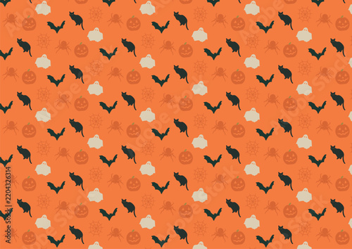 Cute Halloween Seamless Pattern with Cats, Ghosts, Pumpkins, and Spiders