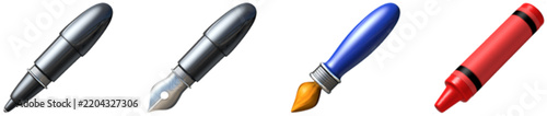Pen fountain brush and crayon writing tool emoji set. Stationery drawing instrument emoticons for art education and creative social media design. Isolated flat vector illustration on white background.
