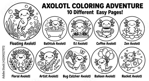 Axolotl coloring page collection for kids with cute cartoon characters vector illustration   