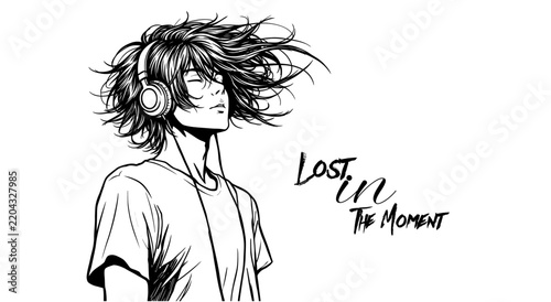 Hand drawn anime style young man listening to music with headphones vector illustration