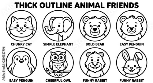 Thick outline animal friends coloring page collection for kids vector illustration   
