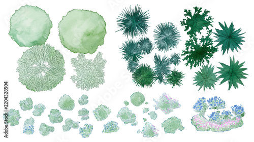 Architectural landscape design symbols on transparent background