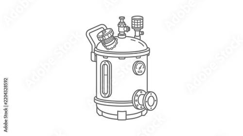 Sleek Monochromatic Line Drawing of a Pressure Vessel or Industrial Water Tank with Gauges and Valves
