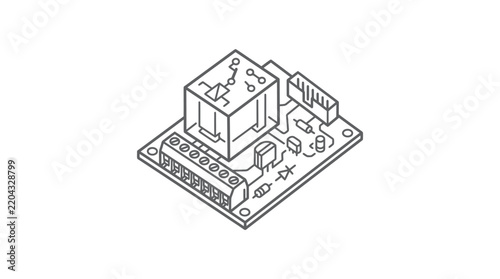 Modern Isometric of a Circuit Board with Electronic Components in Monochrome with high quality professional line art symbols for modern creative design and digital branding projects
