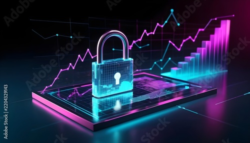 Secure Financial Data Protection Concept With Glowing Padlock And Analytics Chart Display