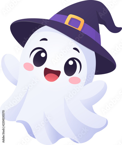 Spooky cute halloween ghost with witch hat clip art